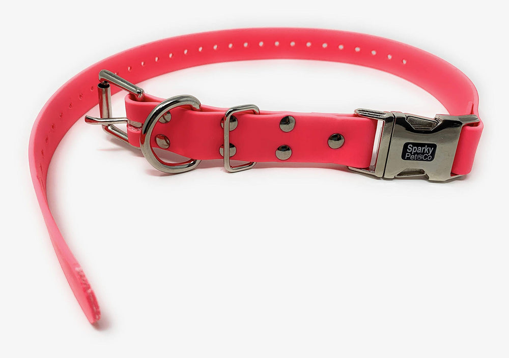 Sparky Pet Co Apollo neon pink strap close-up highlighting waterproof Biothane durability