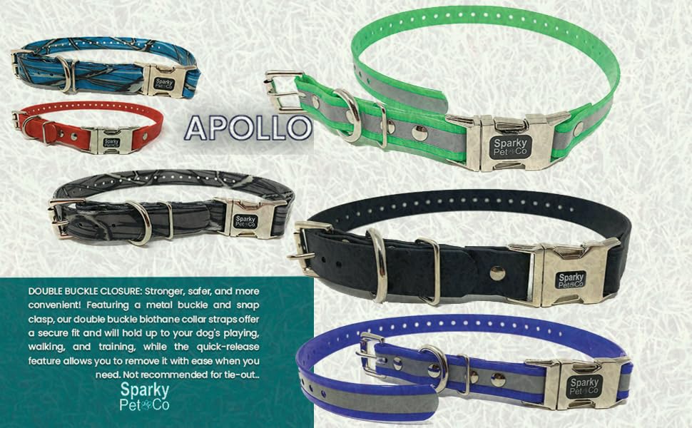 Sparky Pet Co Apollo ecollar strap quick-release on blue camo for convenience.