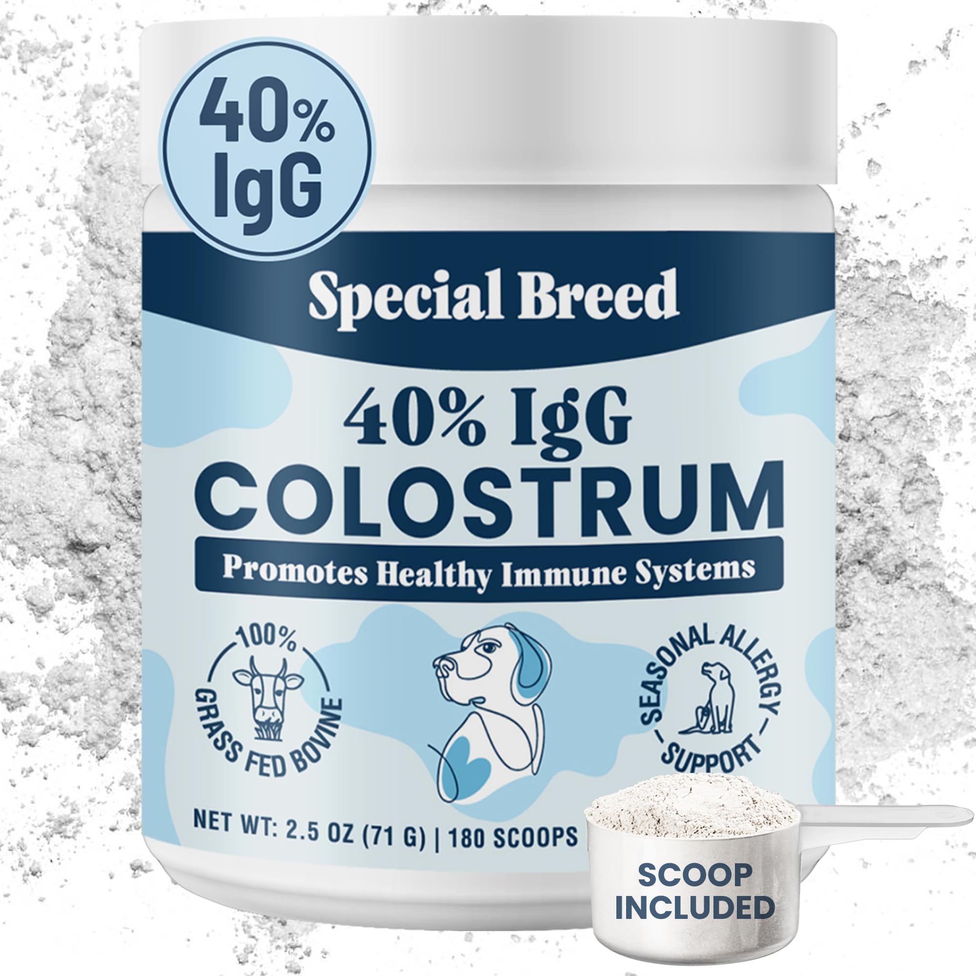 Special Breed 40% IgG colostrum bottle for dogs supporting immune health.