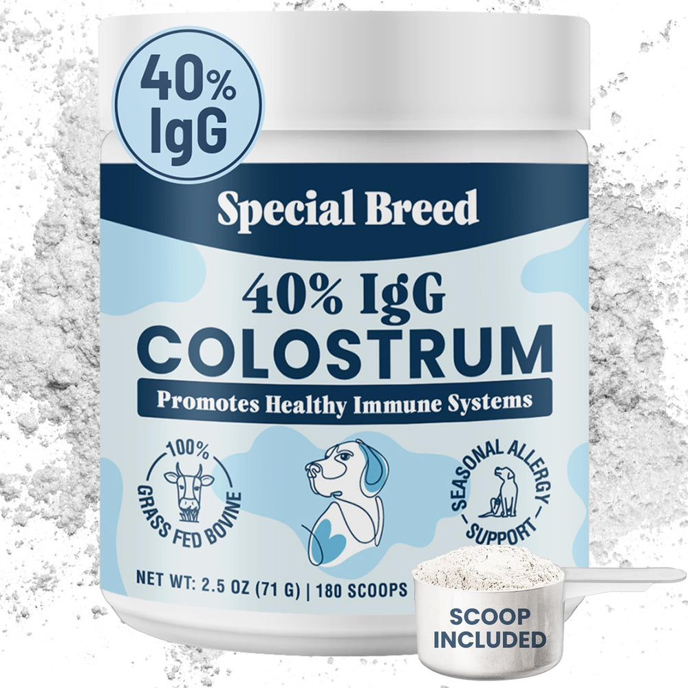 Special Breed 40% IgG colostrum bottle for dogs supporting immune health.