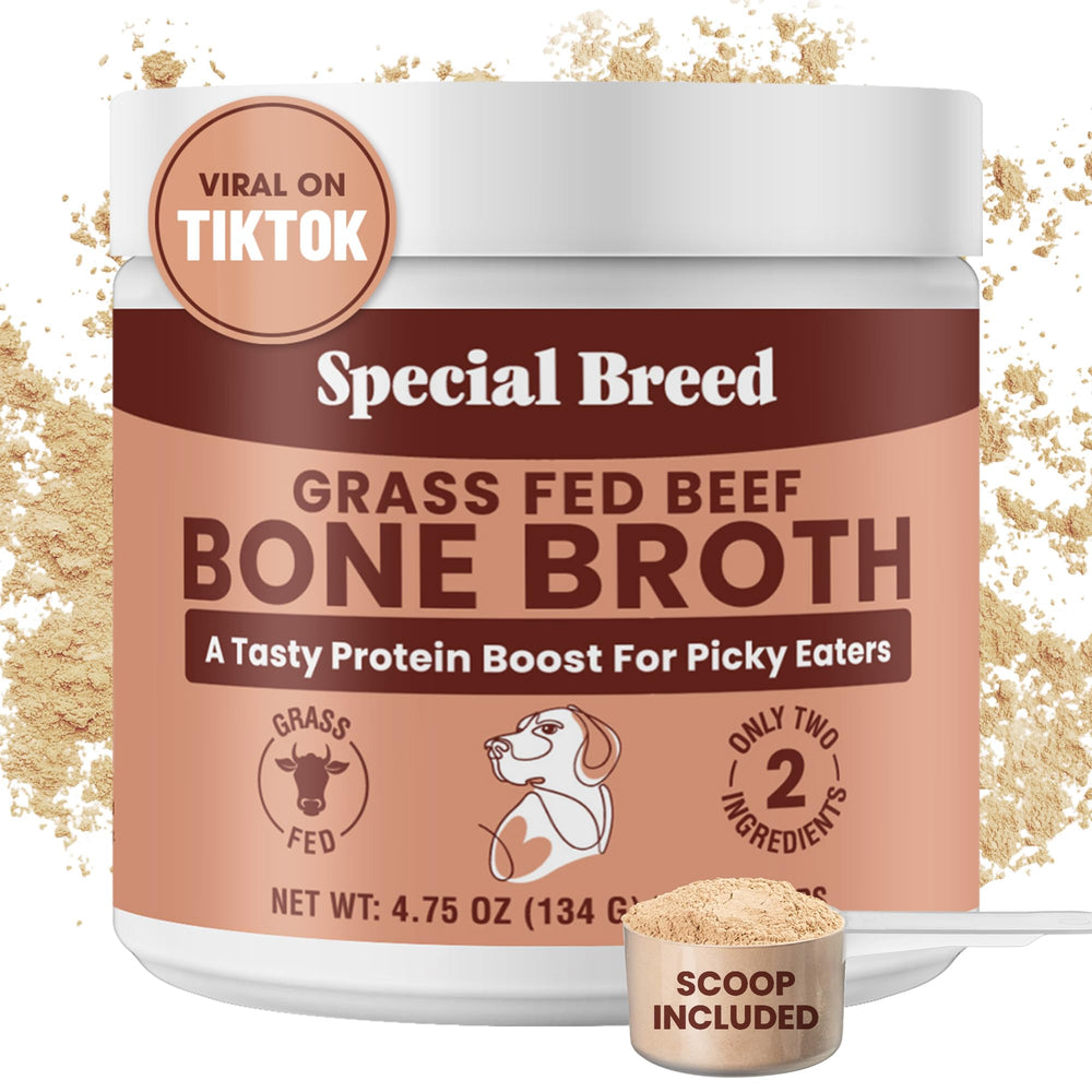 Special Breed bone broth powder packaging highlighting grass-fed beef broth for pets, a flavorful topper