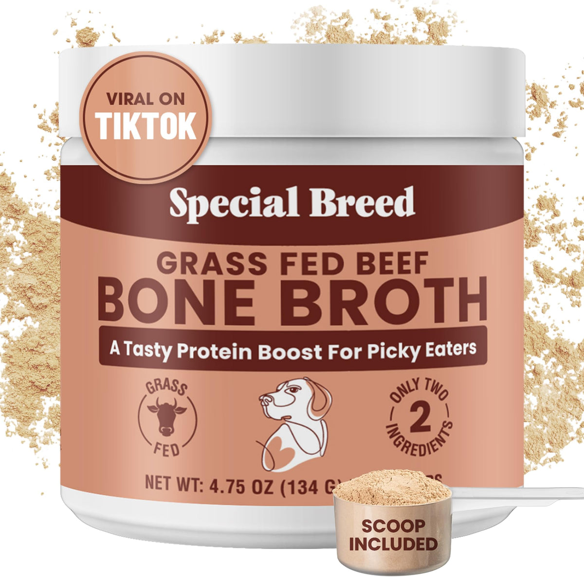 Special Breed bone broth powder packaging highlighting grass-fed beef broth for pets, a flavorful topper