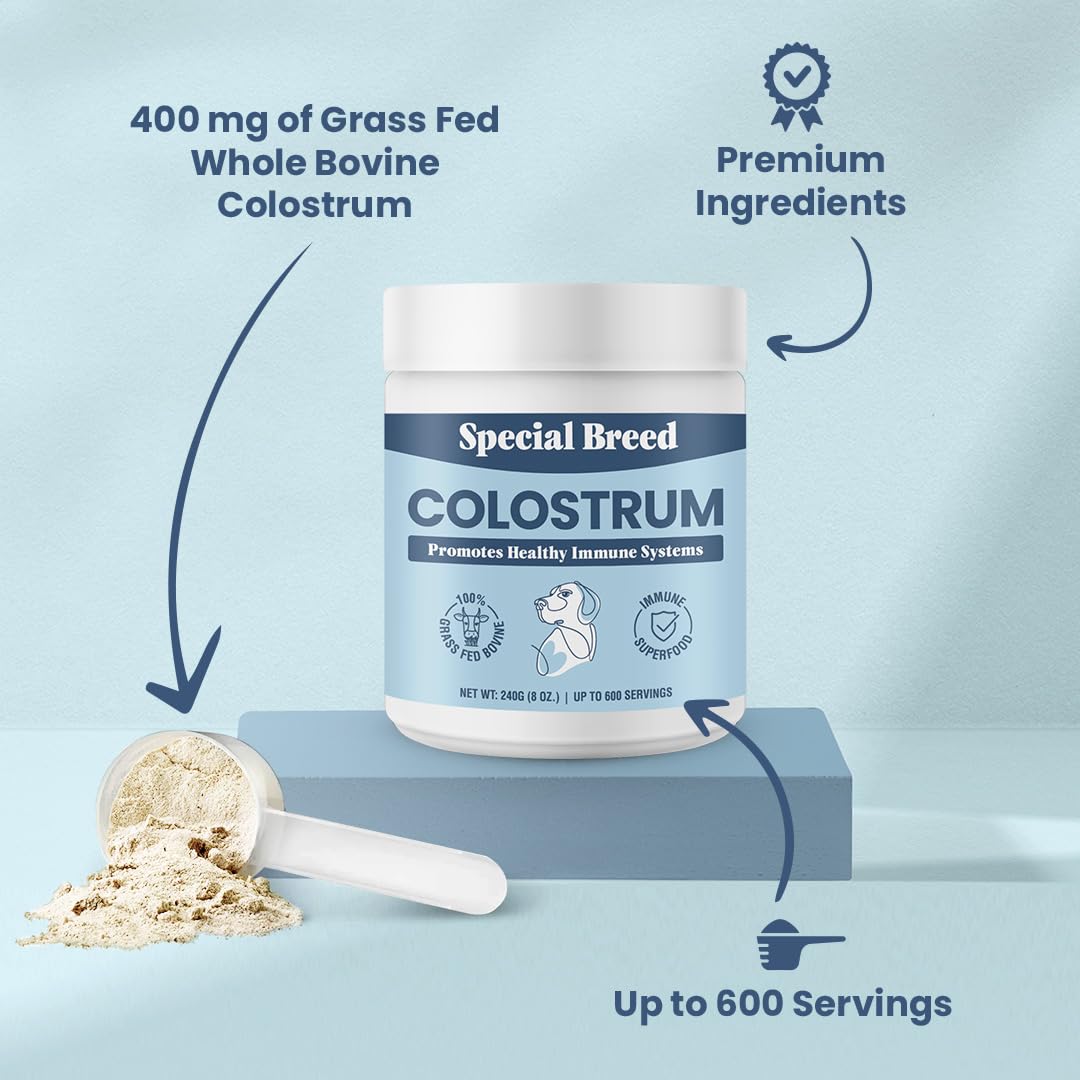 Special Breed bovine colostrum for dogs and cats supports immune health during play and travel