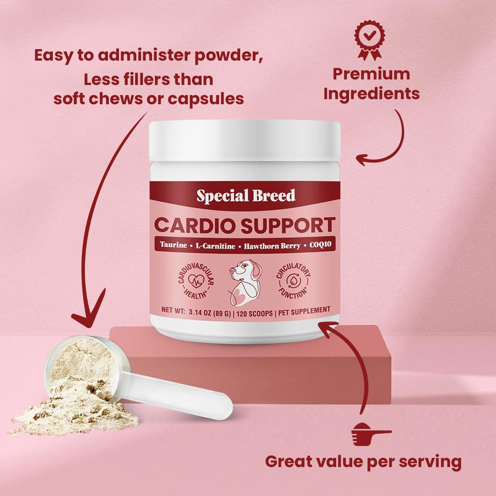 Special Breed Cardio Support taurine image highlights heart support for dogs.
