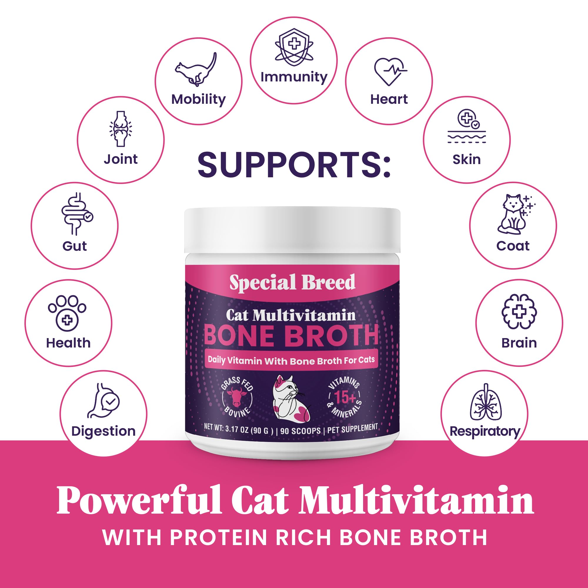 Special Breed cat multivitamin liquid broth shows mix-in texture for palatable daily boost.