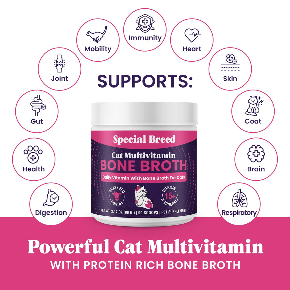 Special Breed cat multivitamin liquid broth shows mix-in texture for palatable daily boost.