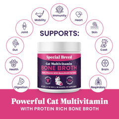 Special Breed cat multivitamin liquid broth shows mix-in texture for palatable daily boost.