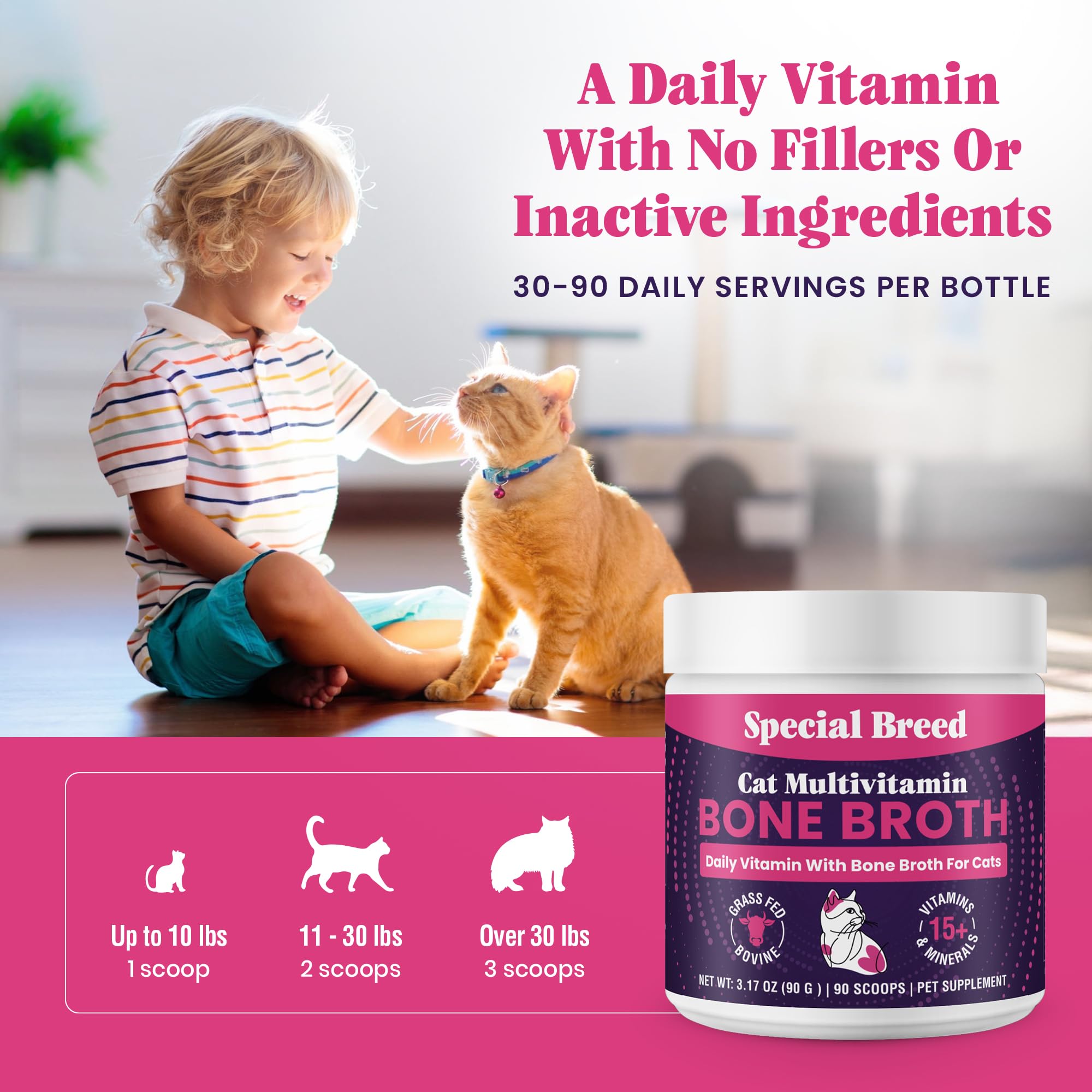 Special Breed cat multivitamin packaging highlights USA-made quality and safety.