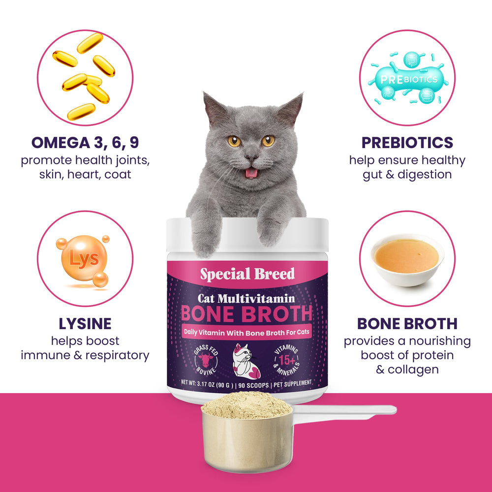 Special Breed cat multivitamin serving highlights a 90-day ongoing supply for care.