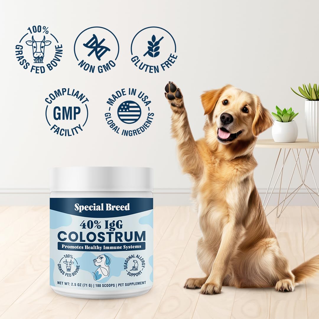 Special Breed colostrum supplement shown with dog bowl for mealtime.