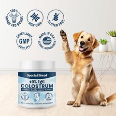 Special Breed colostrum supplement shown with dog bowl for mealtime.