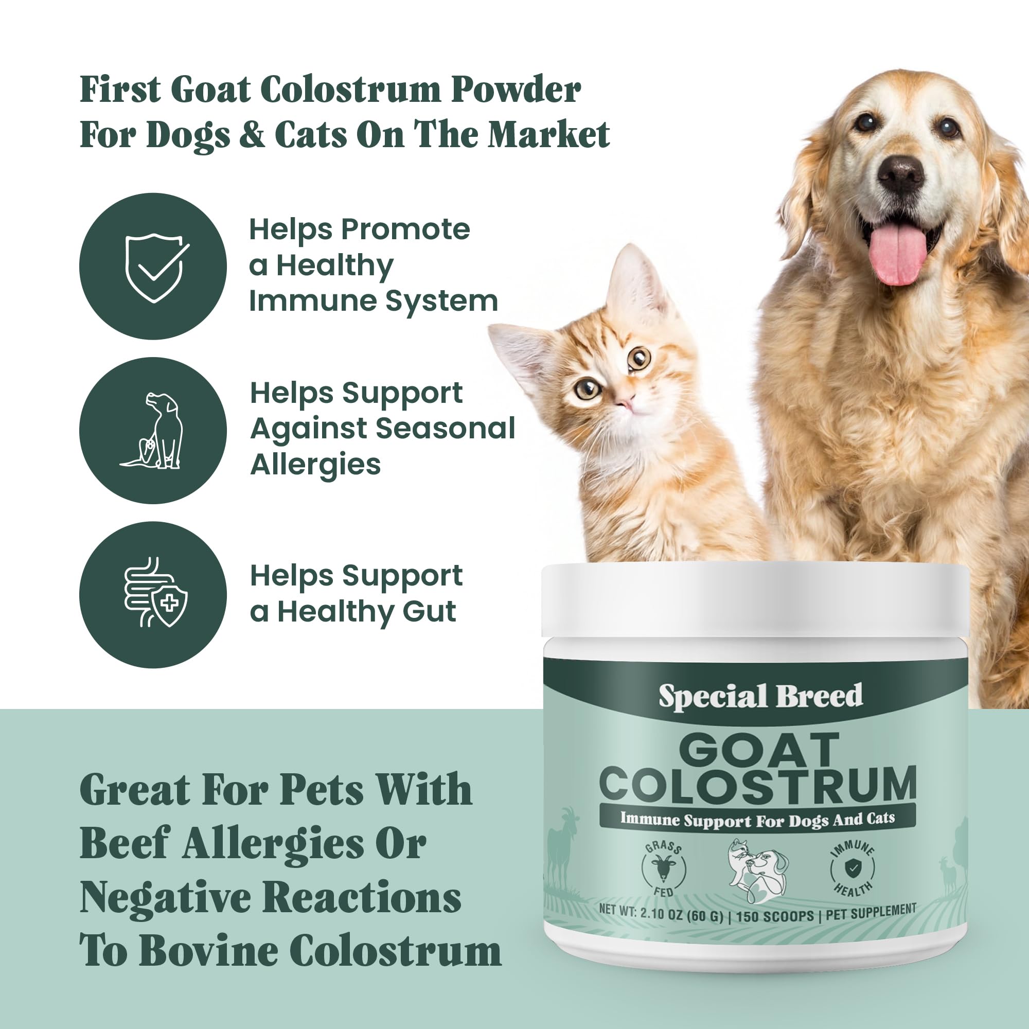Special Breed Goat Colostrum packaging shows USA-sourced, non-GMO, gluten-free quality.