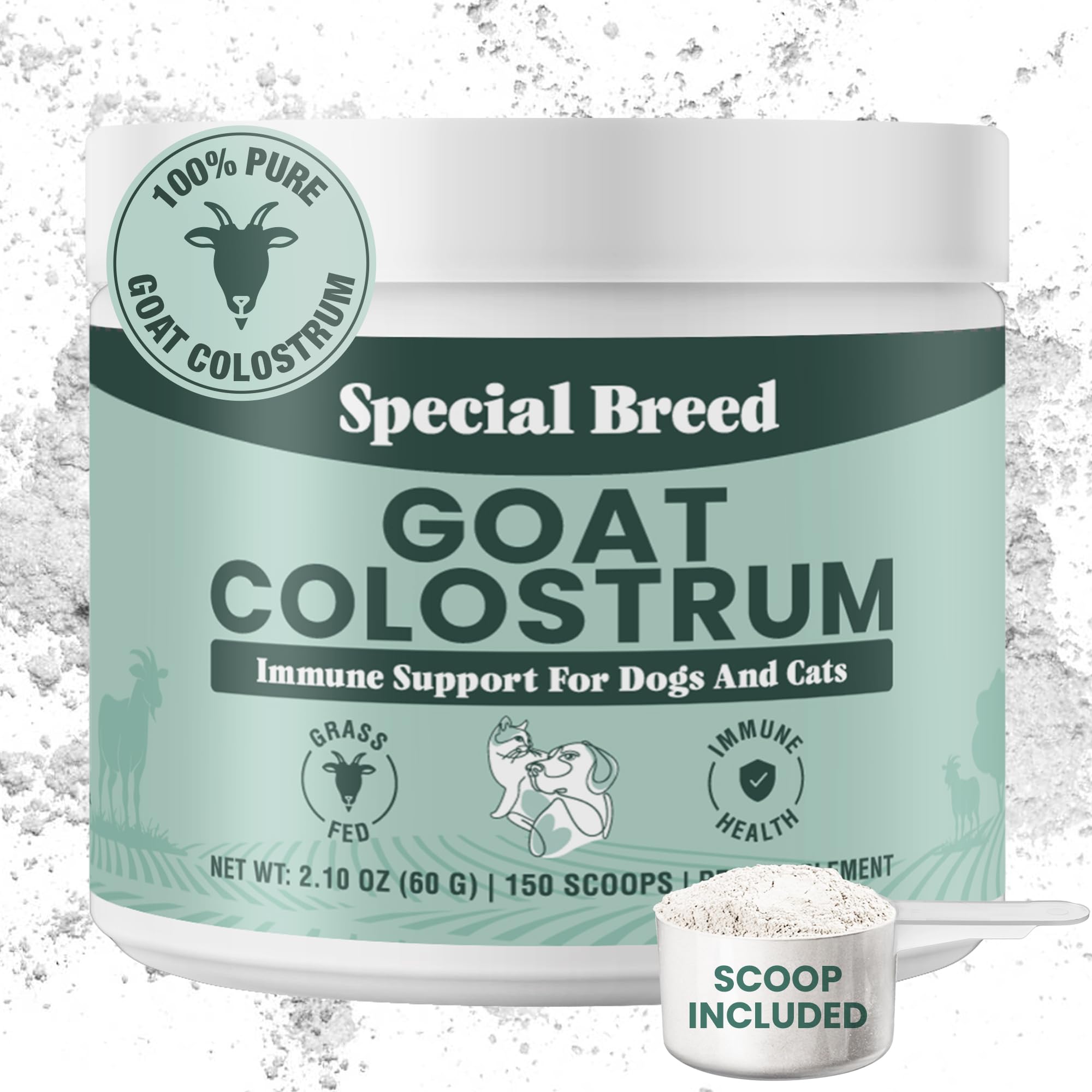 Special Breed Goat Colostrum powder tub front supports pet immunity.