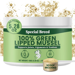 Special Breed green-lipped mussel powder bottle close-up for natural joint support