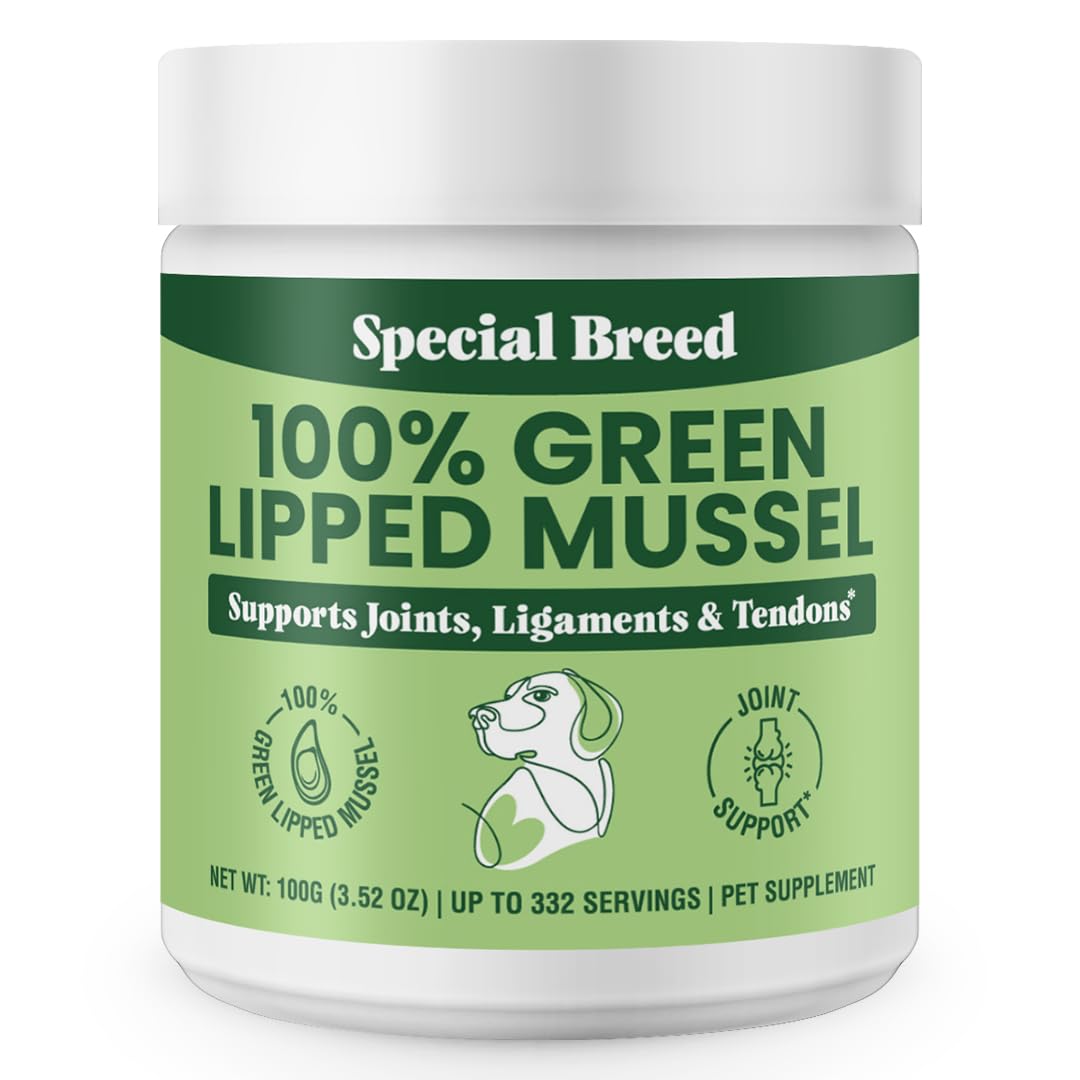 Special Breed green lipped mussel powder dog bowl joint support for everyday activity.