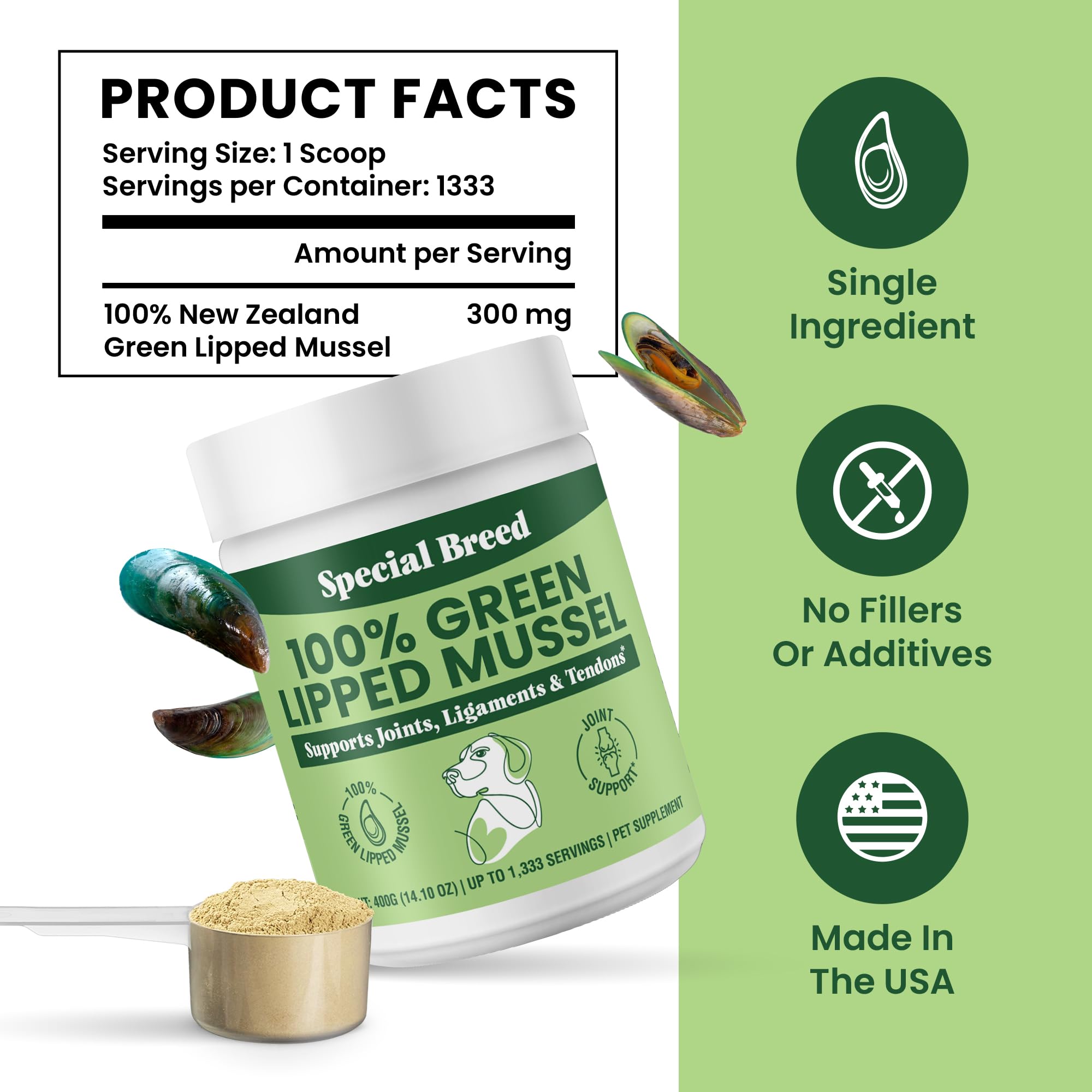 Special Breed Green Lipped Mussel Powder New Zealand label reinforces quality sourcing