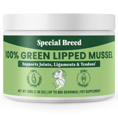 Special Breed green lipped mussel powder being poured into a dog bowl for joint support.