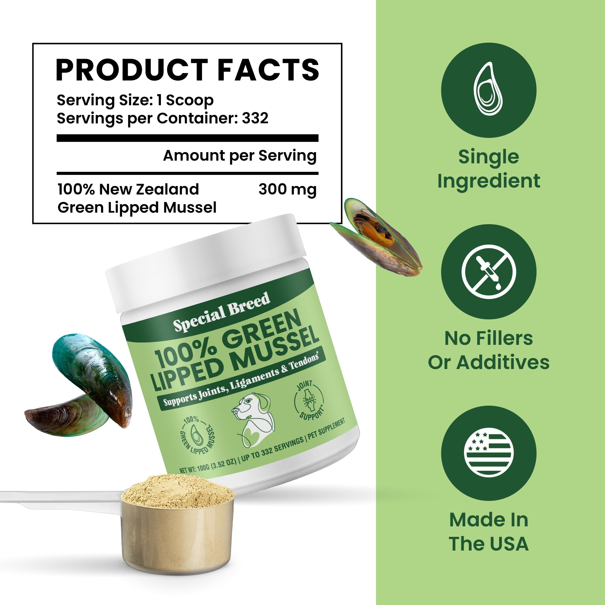 Special Breed powder serving scoop shows up to 332 servings per jar.