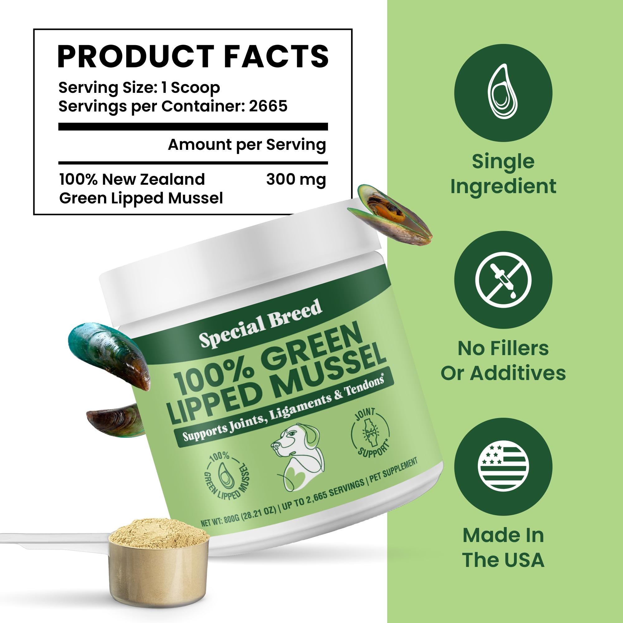 NZ-origin Special Breed mussel powder label highlighting quality