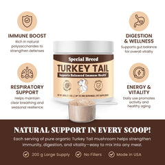 Special Breed Turkey Tail powder in dog bowl for easy meal mixing and digestion