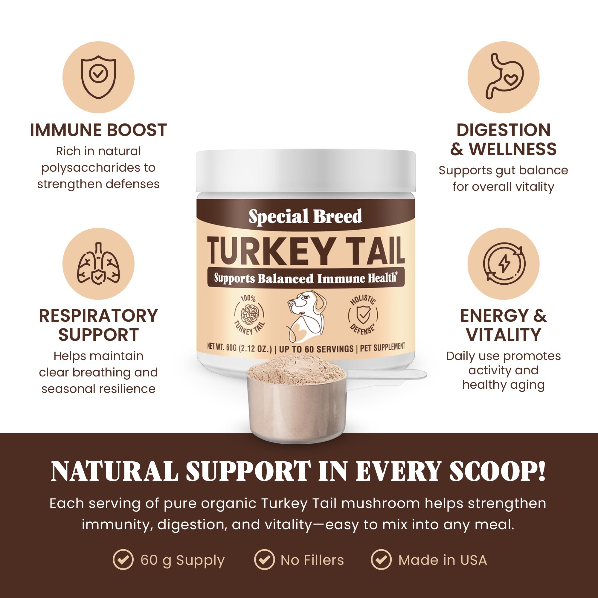 Special Breed turkey tail powder being measured with a scoop for daily use.