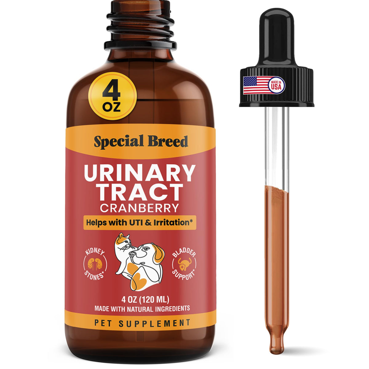 Special Breed UTI supplement bottle pour for easy dosing and pet urinary support.