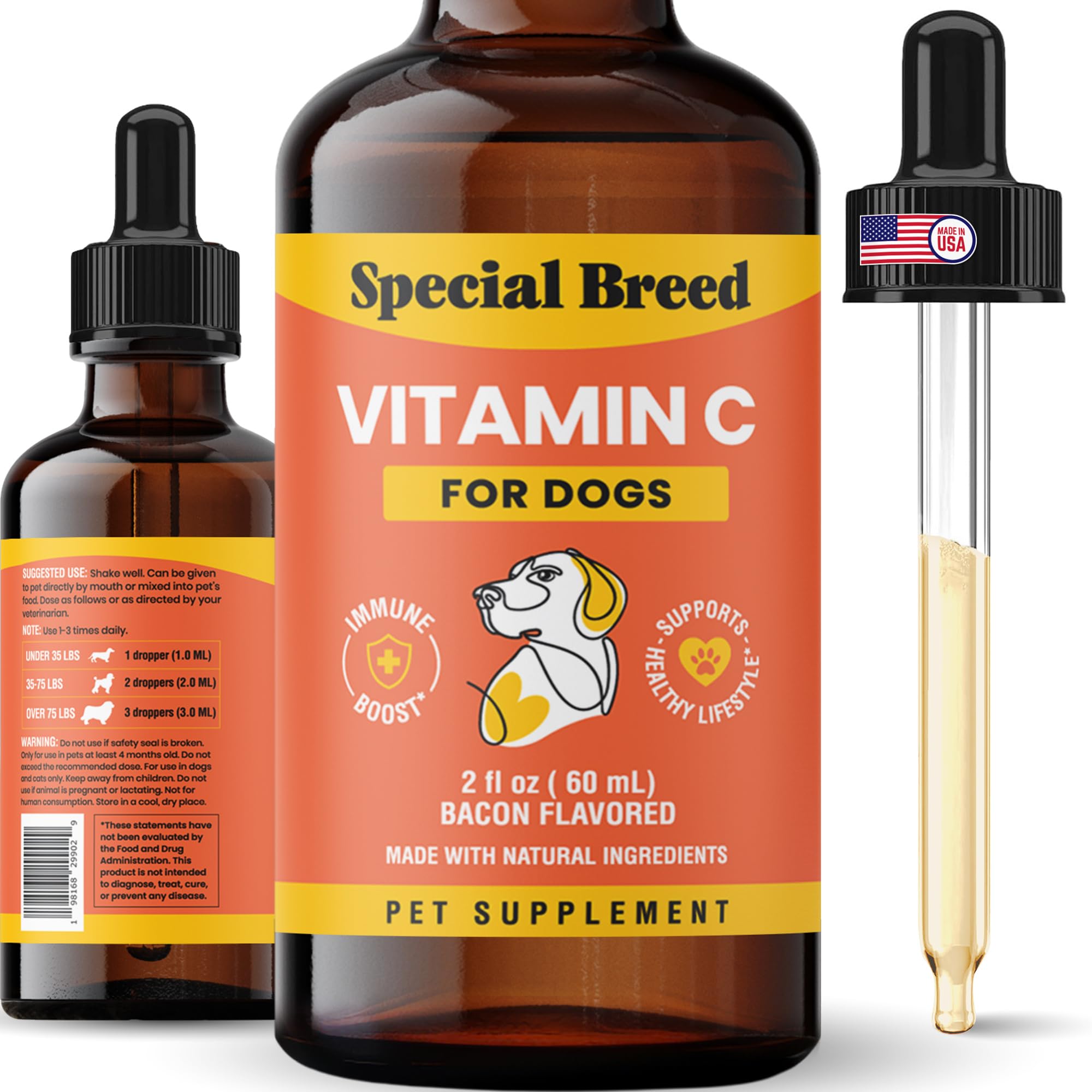 Special Breed Vitamin C for Dogs bottle shows bacon-flavored liquid immune support