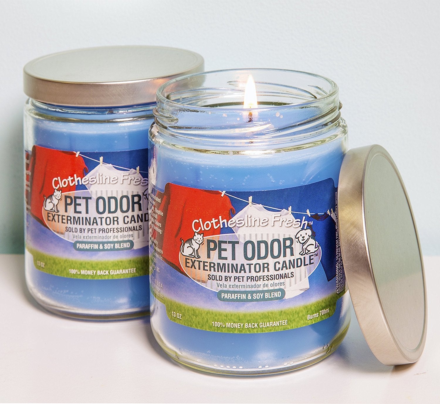 SPECIALTY PET PRODUCTS Clothesline Fresh candle in living room demonstrates home-friendly fragrance.