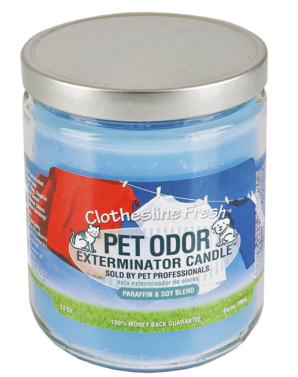 SPECIALTY PET PRODUCTS Clothesline Fresh candle label close-up shows vibrant color and design.