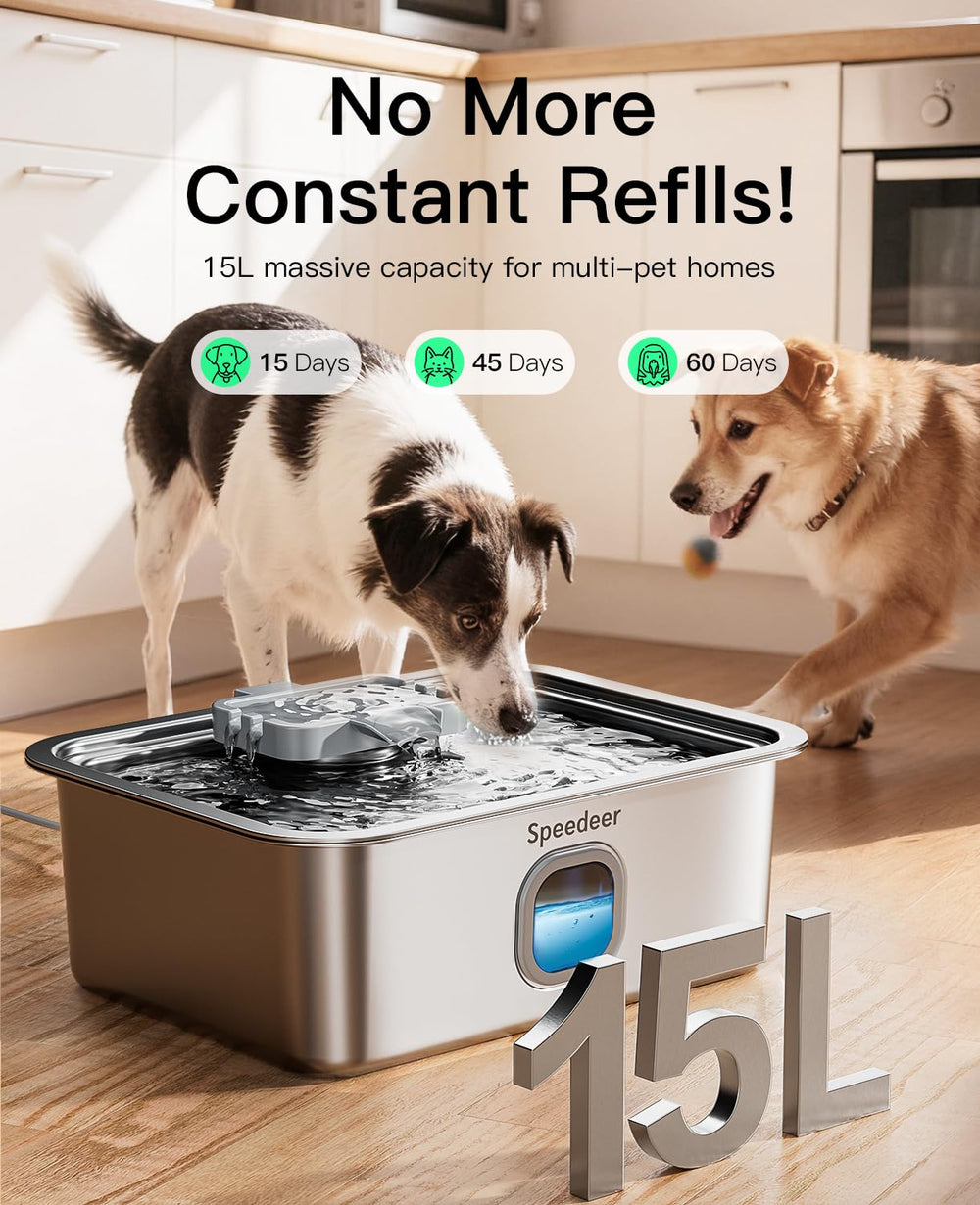 Speedeer 4Gal deeper and wider drinking area helps large breeds drink comfortably.