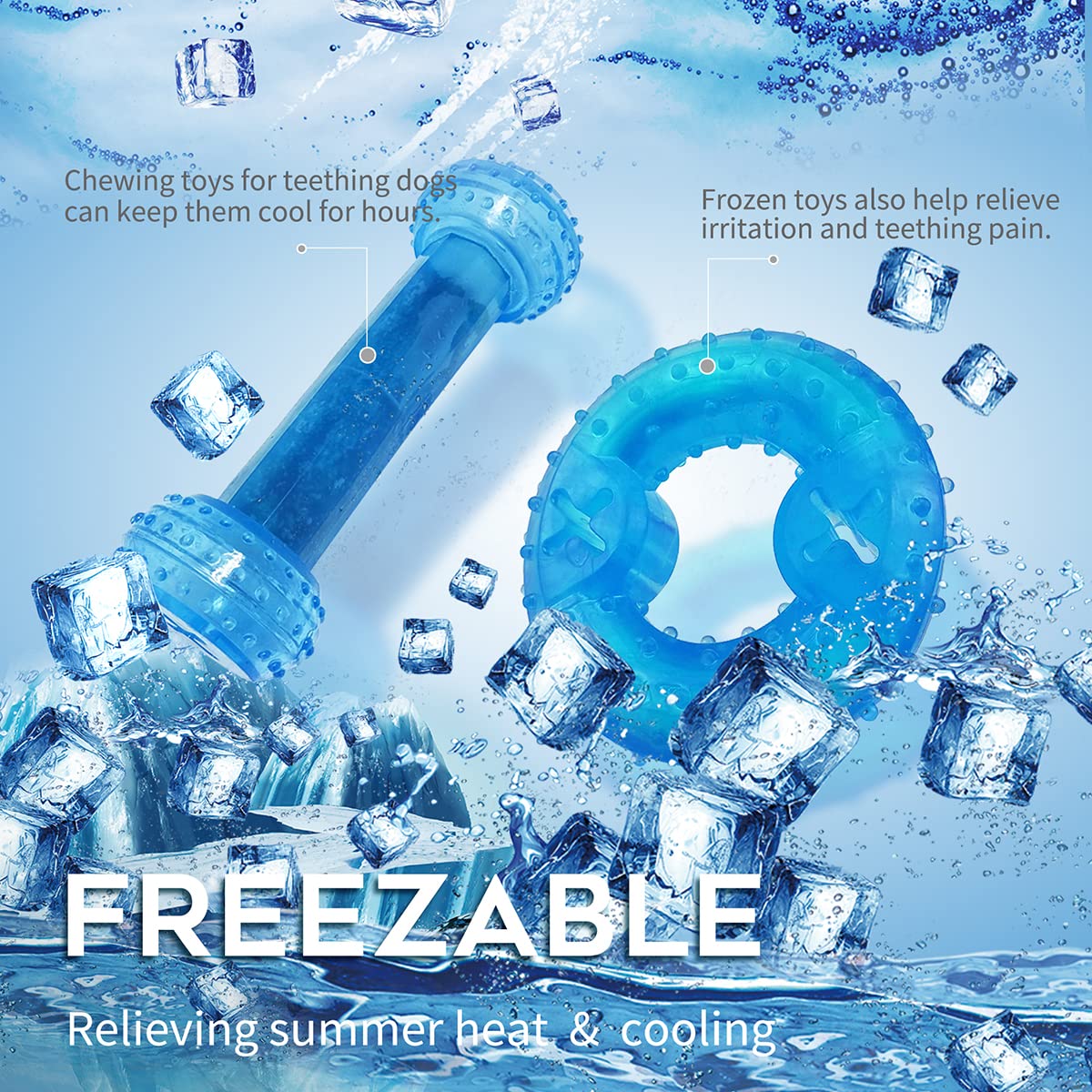 SPOFLY freezable puppy teething toy ring blue closeup, durable BPA-free material and safe cooling.