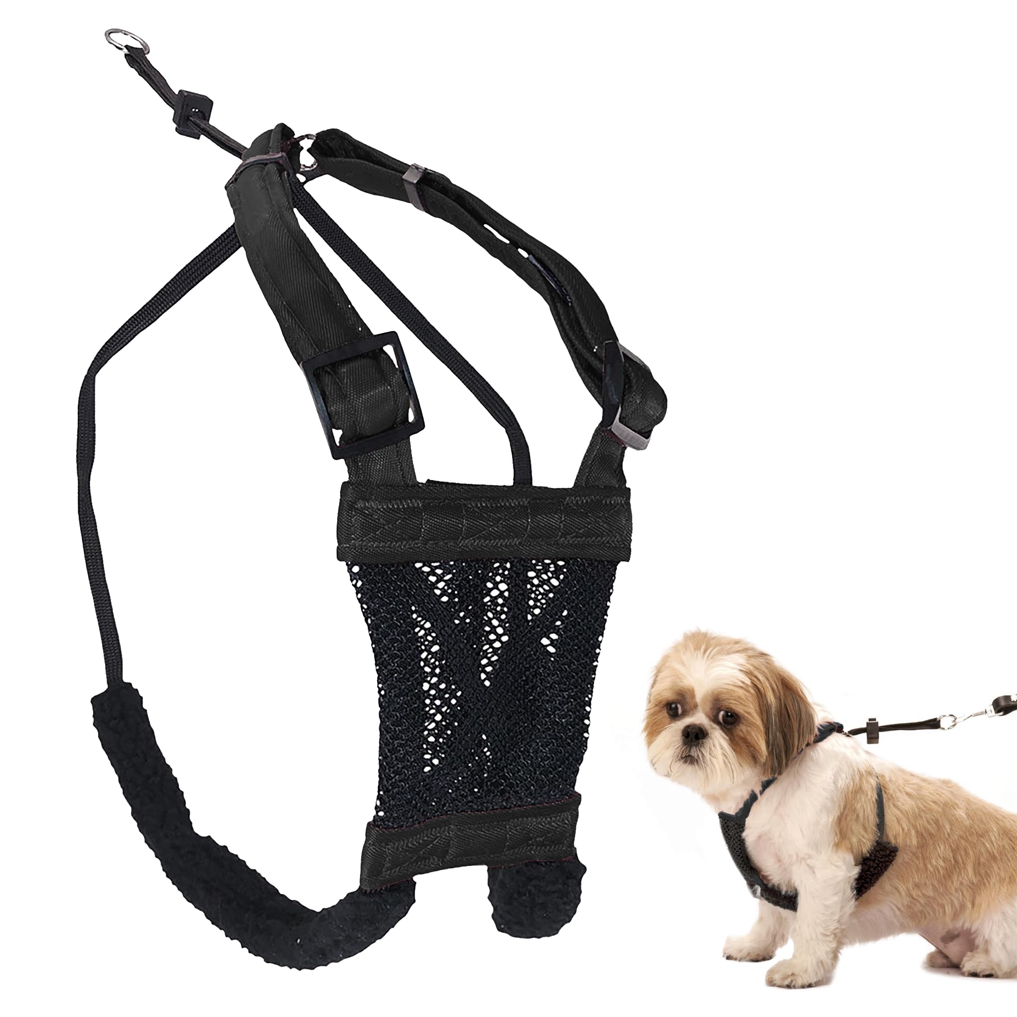 Sporn No Pull Harness for small dogs, black mesh close-up showing padded chest comfort.