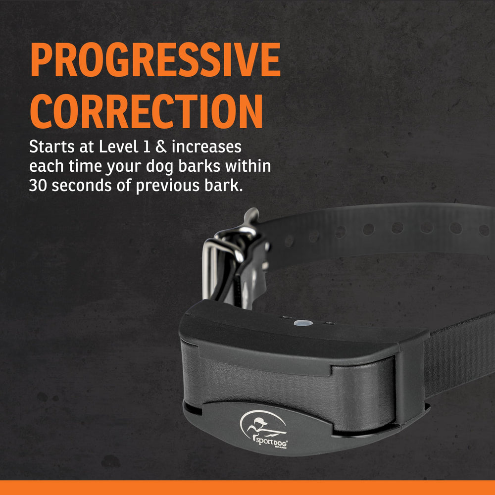 SportDOG Nobark 10 neck-fit range 5 to 22 inches shown on dog