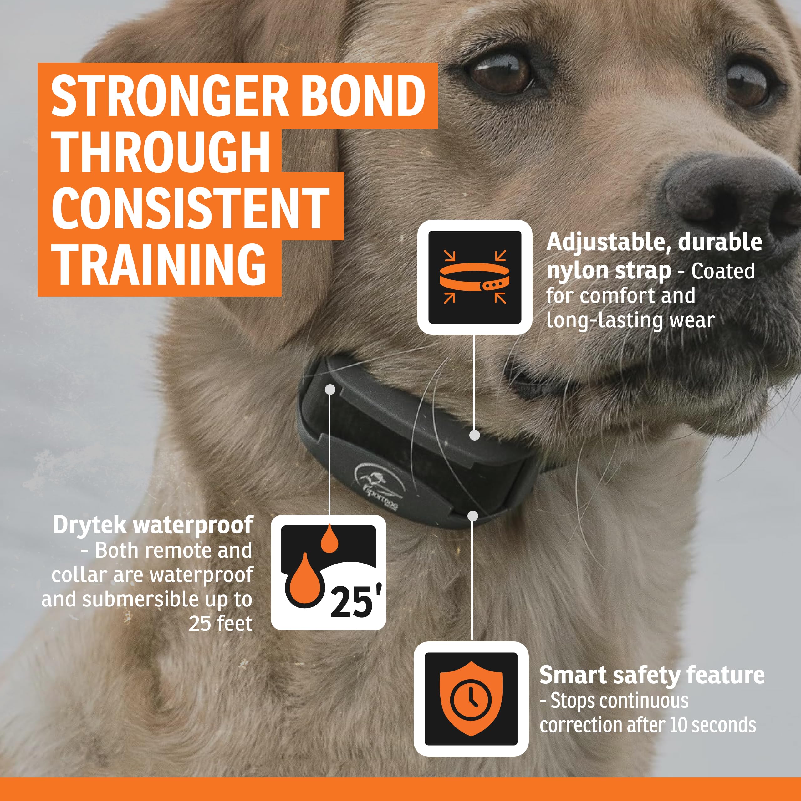 SportDOG SportTrainer orange collar detail showing comfortable neck fit from 5 to 22 inches.