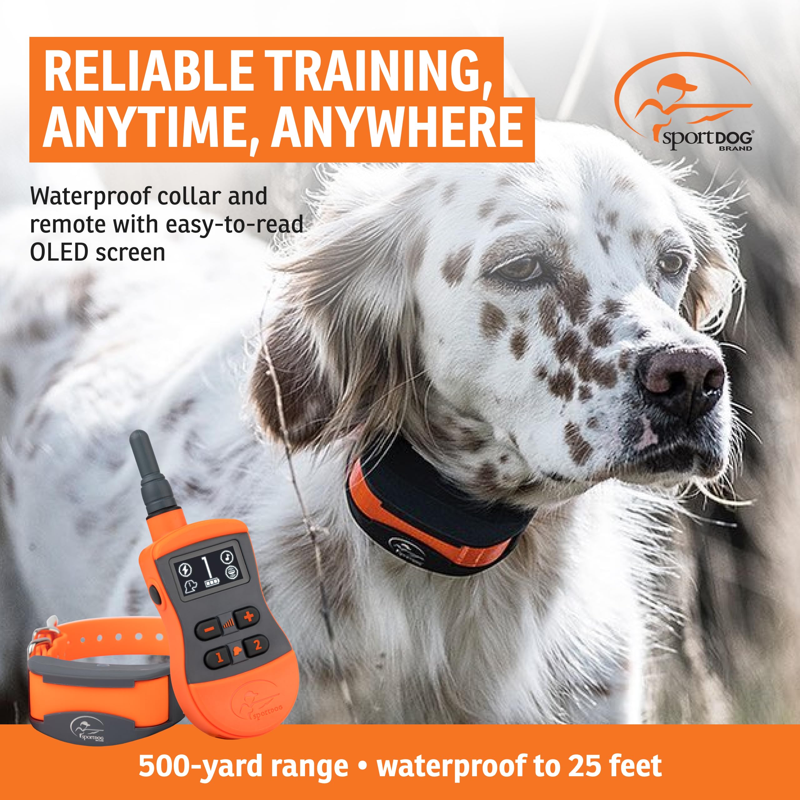 SportDOG SportTrainer orange remote control closeup for quick tone and vibration commands.