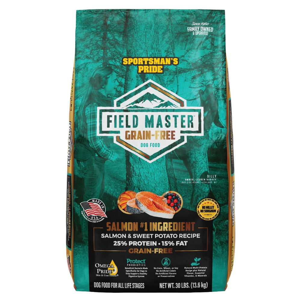 Sportsman's Pride Field Master bag front highlights grain-free recipe for sensitive tummies.
