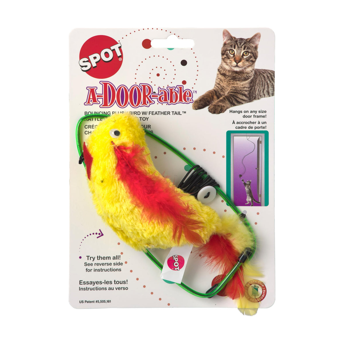 SPOT A-Door-Able plush bird toy closeup encourages tactile batting and entertainment.