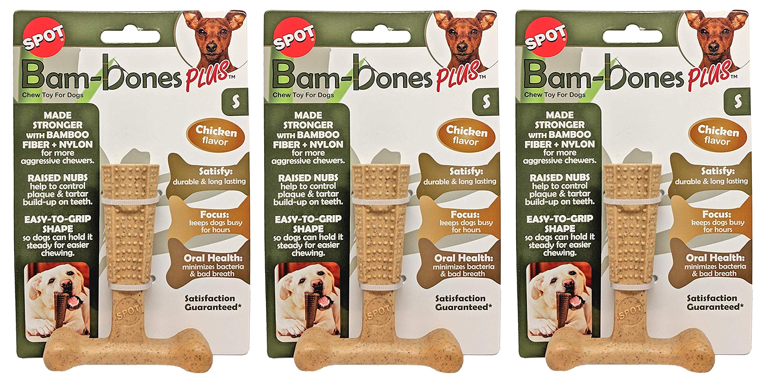 SPOT Bam-Bones Plus chicken-flavor chew toy, 4in, for durable chewing and dental massage.