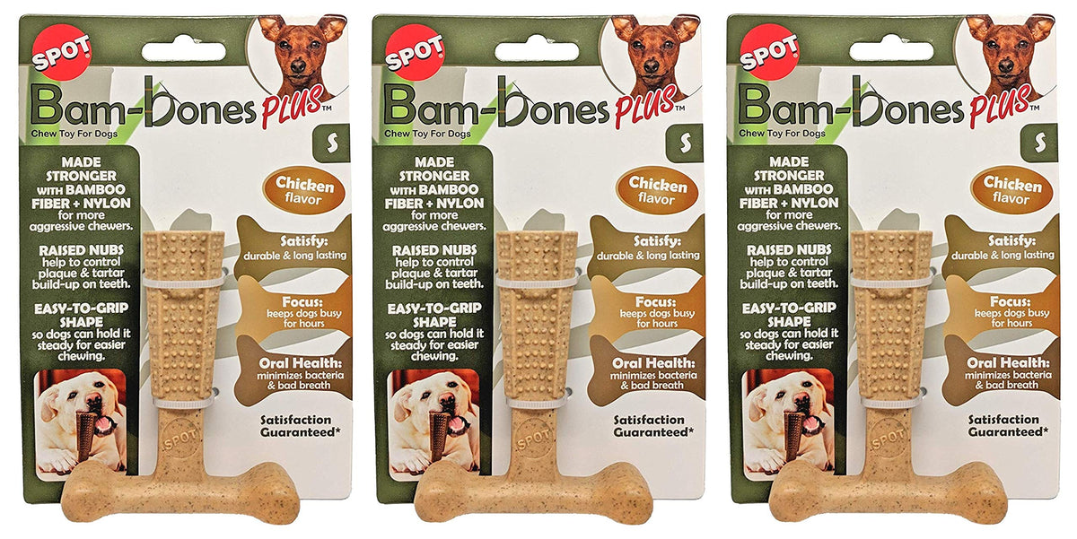 SPOT Bam-Bones Plus chicken-flavor chew toy, 4in, for durable chewing and dental massage.