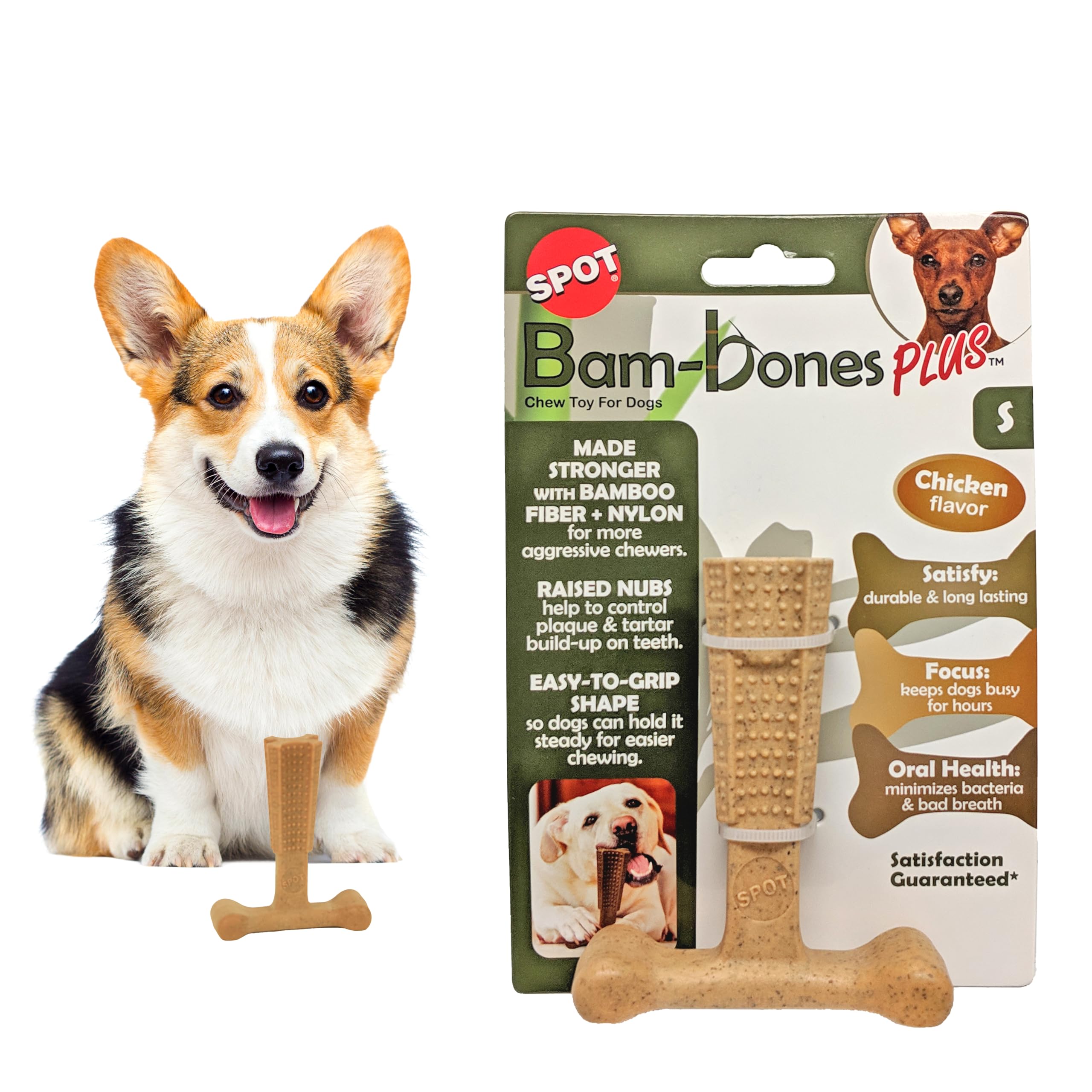 SPOT Bam-Bones Plus T-Bone front view shows durable chew for strong chewers.