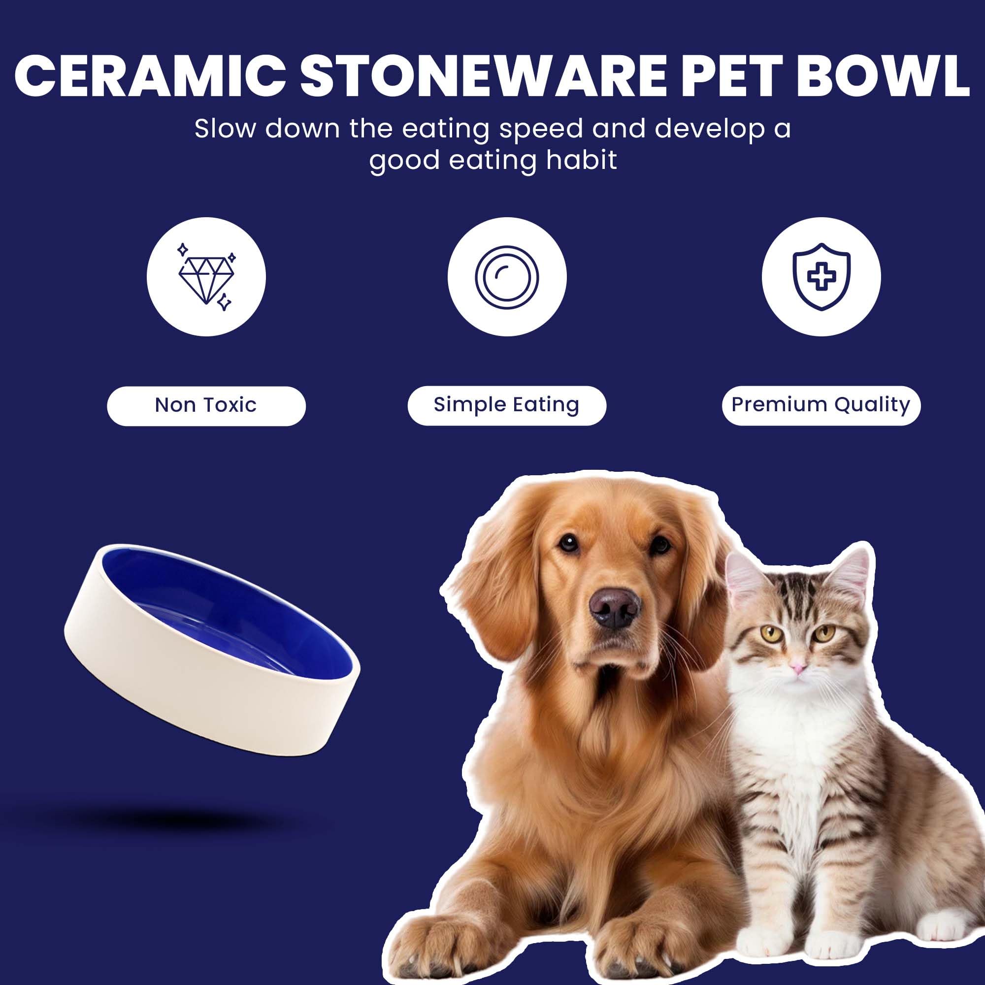 SPOT ceramic stoneware pet bowl features classic white and blue glaze