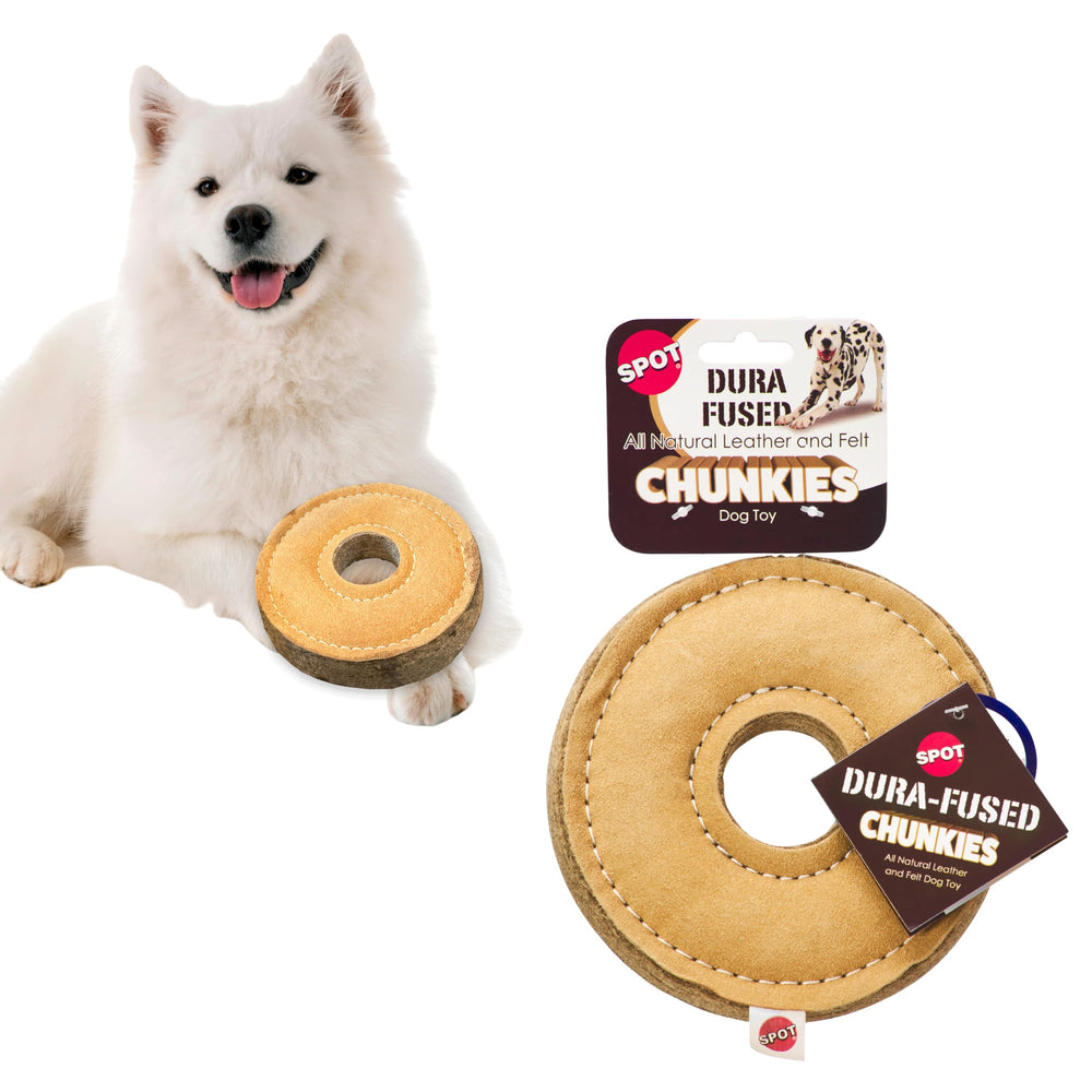 SPOT Dura-Fused Chunkies Ring Toy leather closeup highlights rugged chew surface for aggressive chewers.