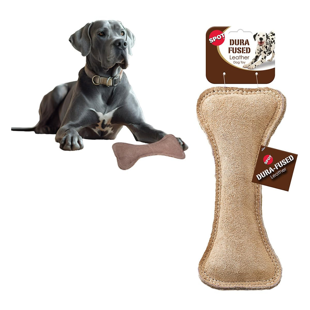 SPOT Dura-Fused Leather Bone toy with squeaker for engaging fetch
