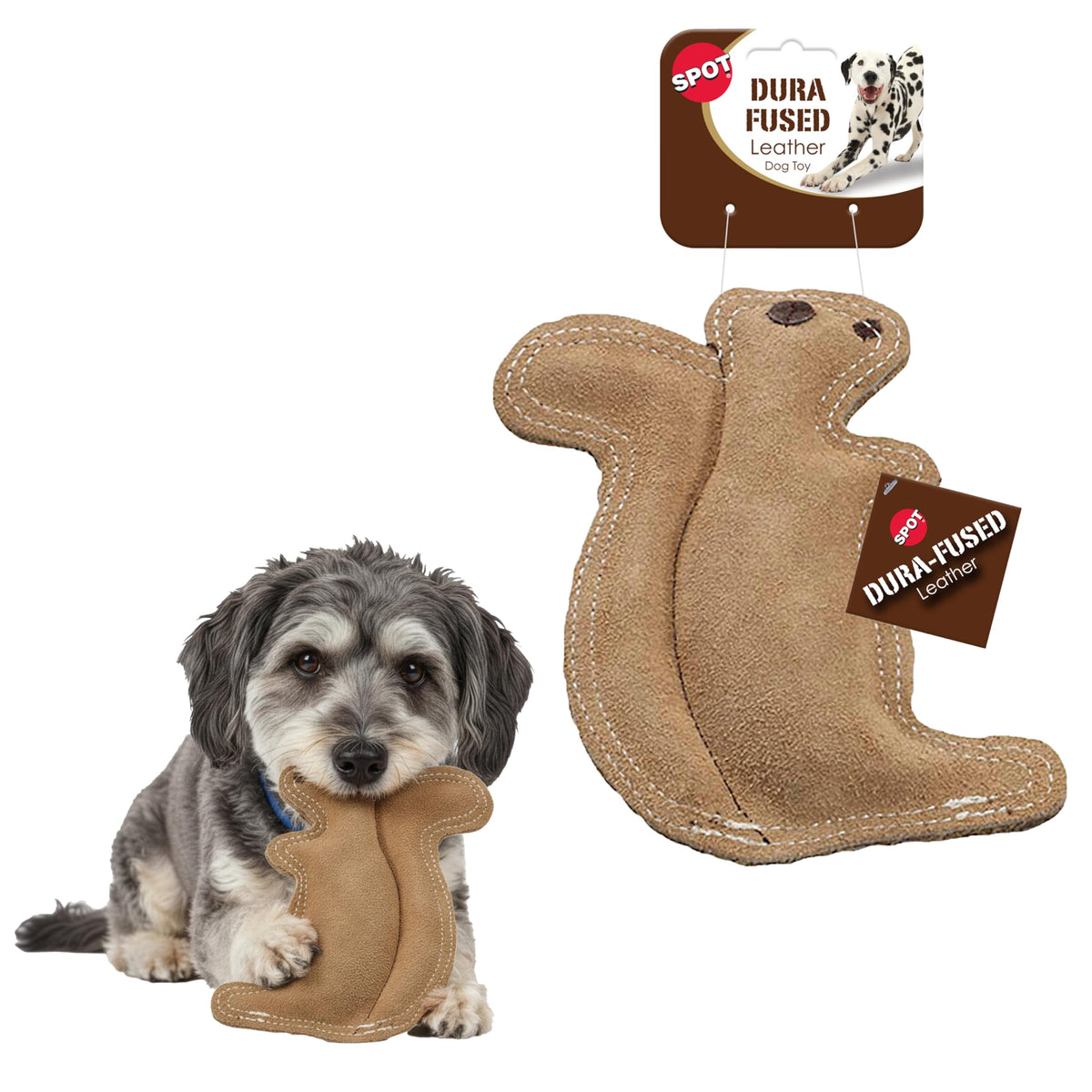 SPOT Dura-Fused Leather Squirrel Toy front view promotes engagement for small dogs
