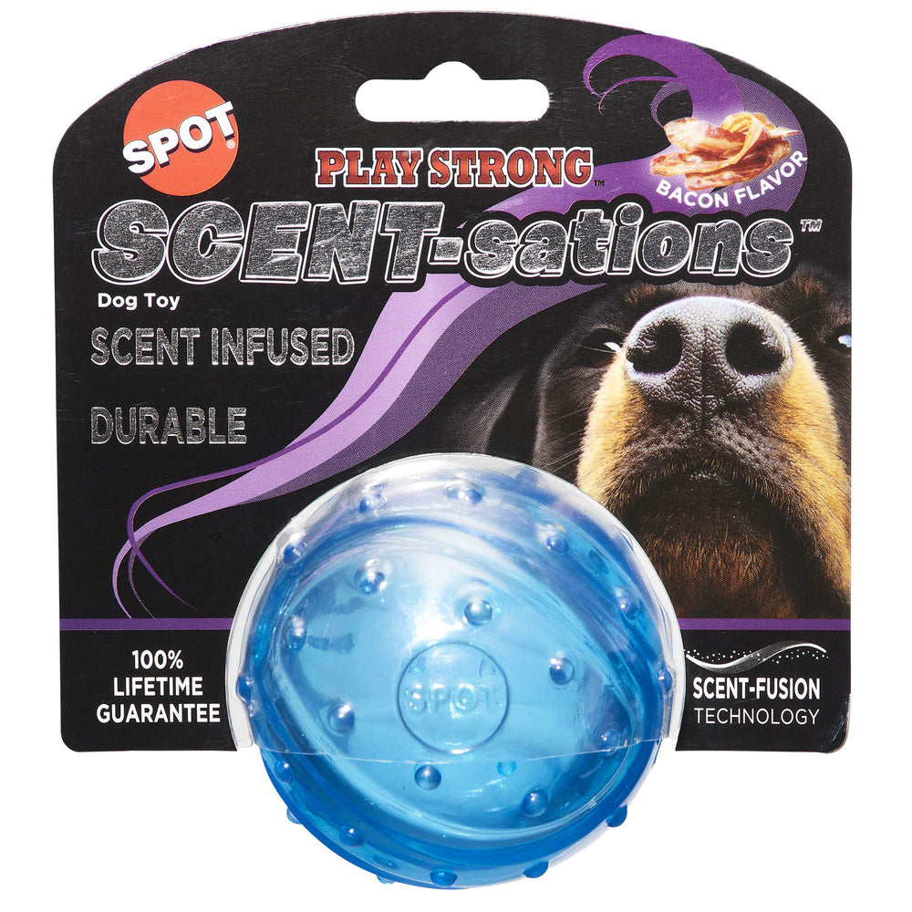 SPOT Play Strong Scent-sations ball front view highlighting bacon scent for engaging chewers