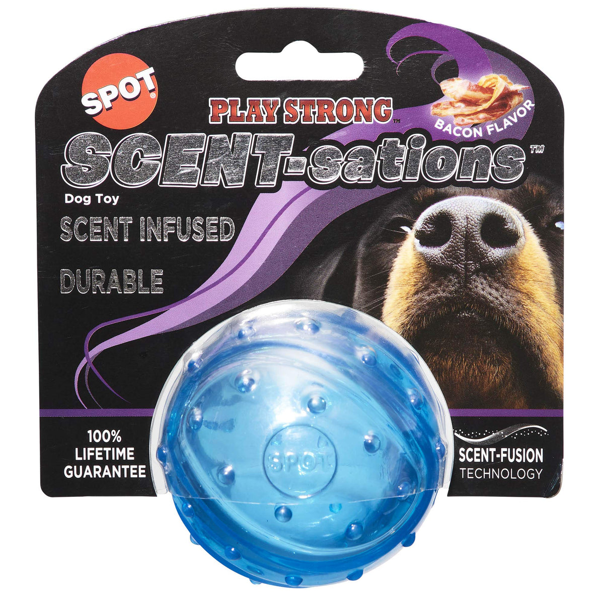 SPOT Play Strong Scent-sations ball front view highlighting bacon scent for engaging chewers