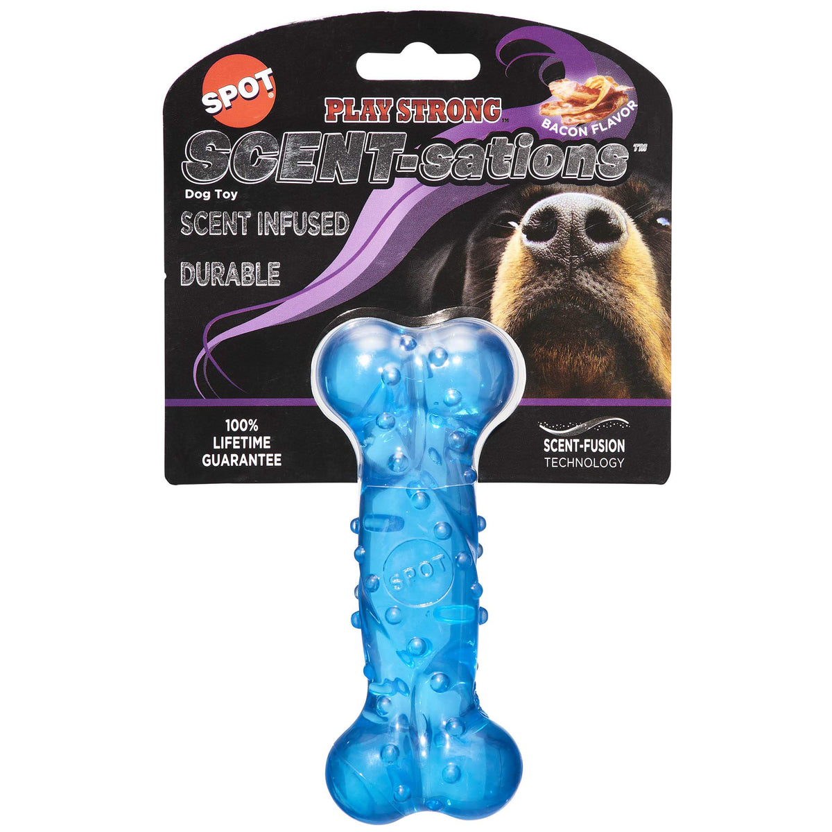SPOT Play Strong Scent-sations bone blue close-up showing bacon scent for chewers.