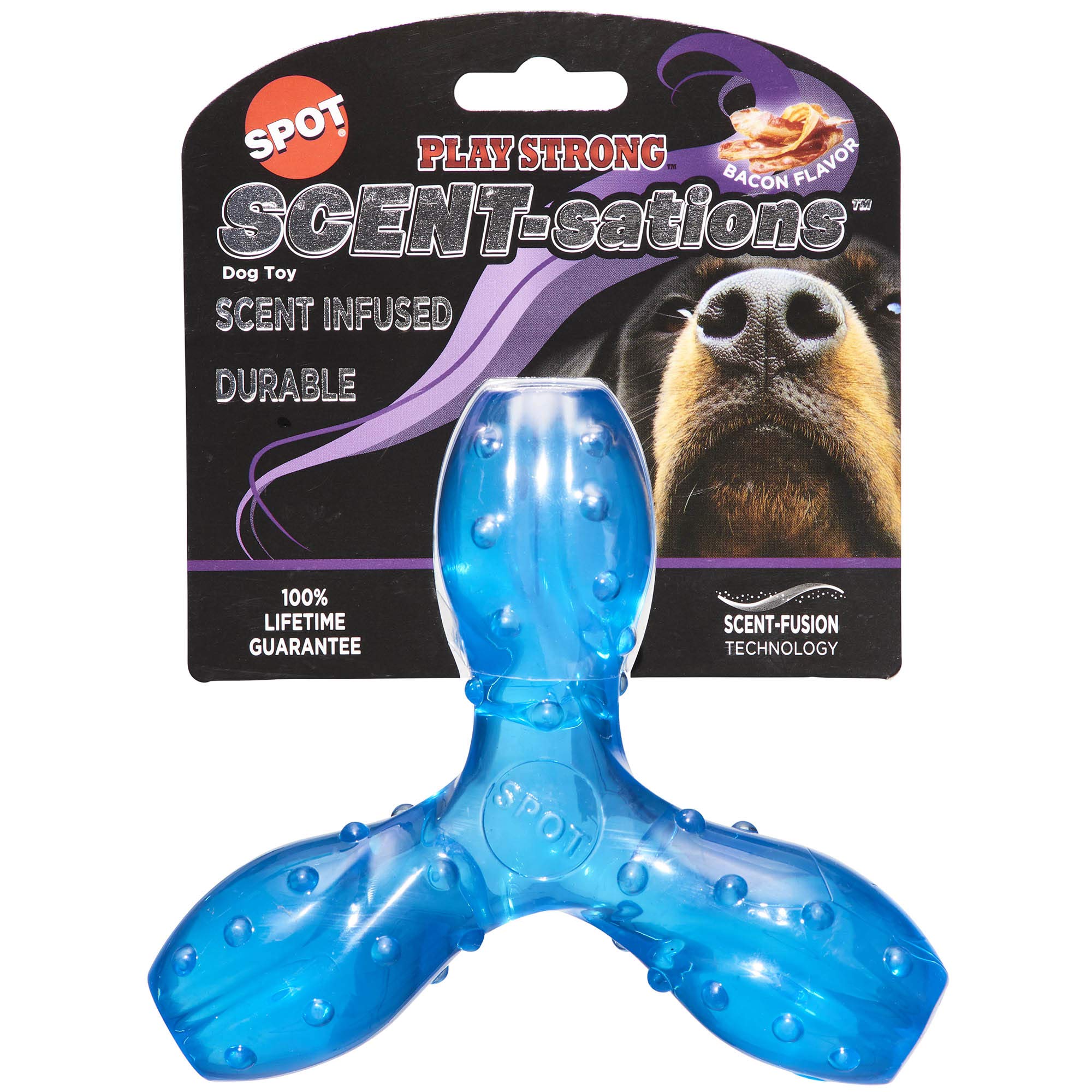 SPOT Play Strong Scent-sations Trident blue bacon-flavored toy for durable chewers and fetch play