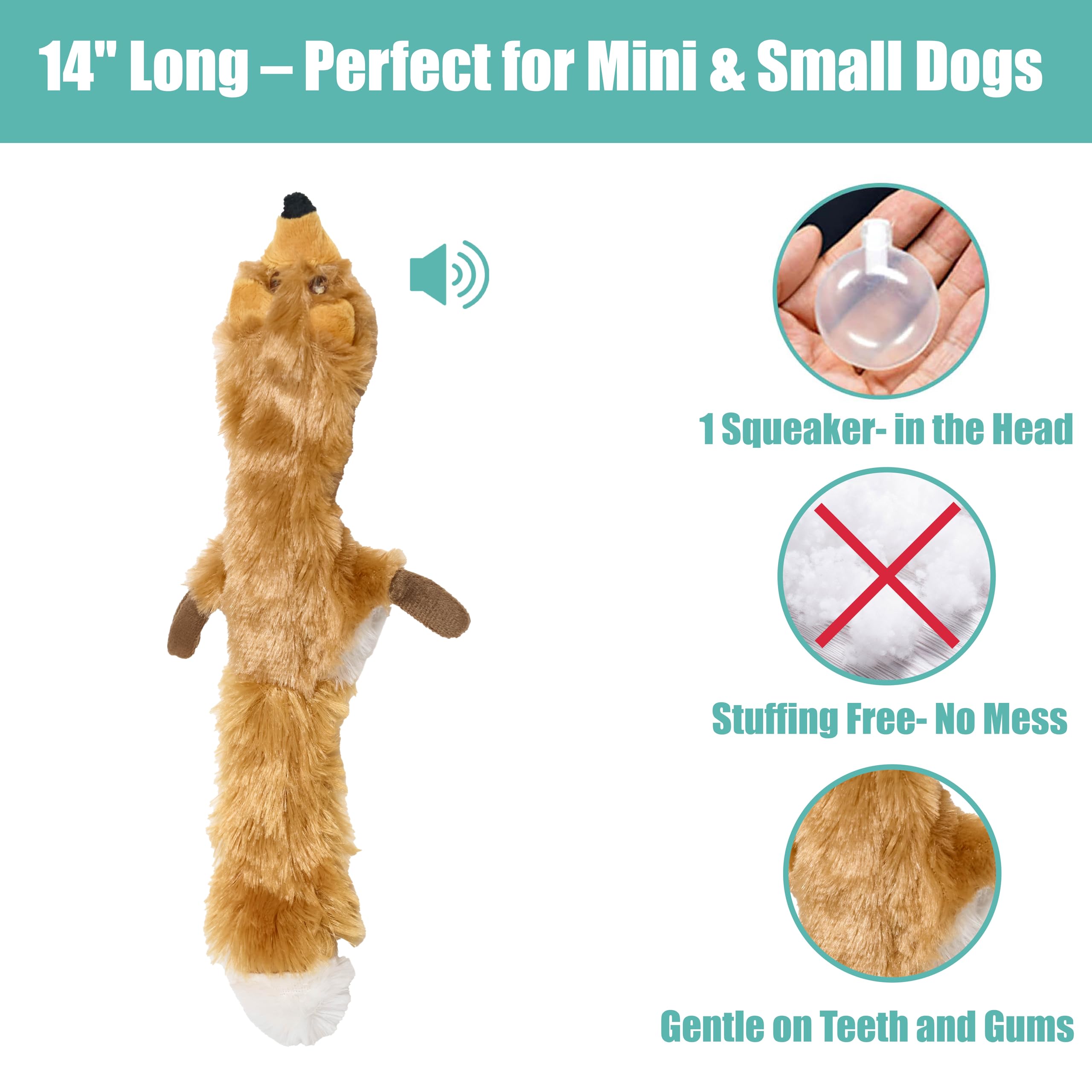 SPOT Skinneeez Fox fabric-detail highlights durable, soft plush ideal for light to moderate chewers.