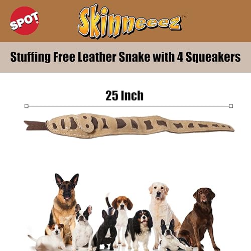SPOT Skinneeez Leather Snake with four squeakers for sound-stimulated fun.